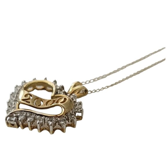 10K Yellow Gold Y2K 2000 Heart Diamond Pendant Chain Necklace 16.5" Long, E859 - Picture 4 of 10